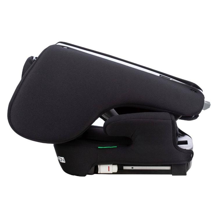 Bočni pogled na FreeON avtosedež i‑Size 100–150 cm v ležečem položaju z ISOFIX vodili in nastavljivim naslonom.