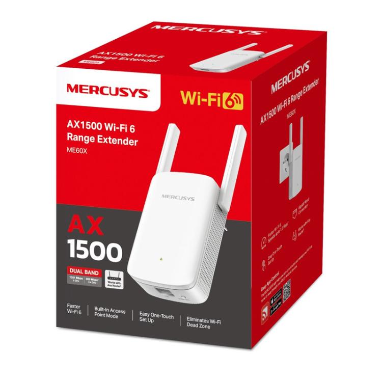 Kompaktni Wi‑Fi repetitor Mercusys ME60X z elegantnim belim ohišjem, LED-indikatorjem stanja in podporo Wi‑Fi 6 pomaga odpraviti mrtve cone ter zagotavlja zanesljiv brezžični signal v vsakem prostoru.