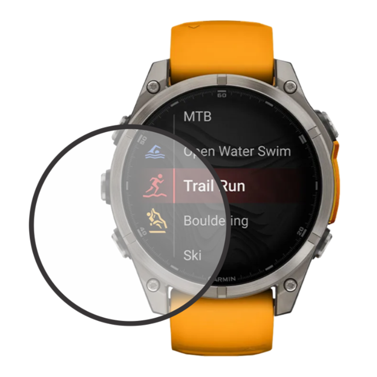 Prosojno zaščitno kaljeno steklo za pametno uro Garmin Fenix 8 (47 mm), prikazano na zaslonu ure.