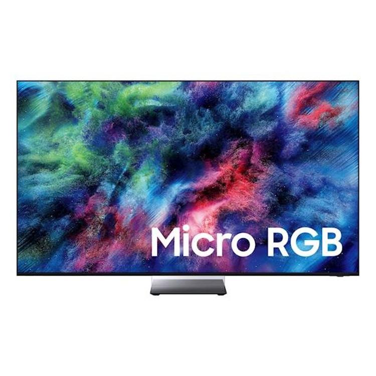 Samsung črn televizor z ravnim zaslonom Micro RGB, tanek okvir in kovinsko stojalo, prikaz barvite abstraktne slike.