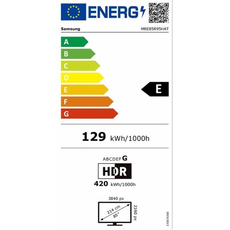 Samsung energijska nalepka na beli podlagi z lestvico A-G, označen razred E, podatki HDR in poraba 129 kWh.