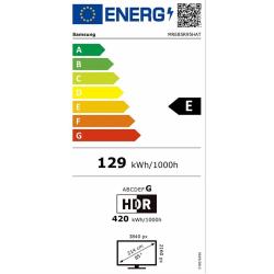 Samsung energijska nalepka na beli podlagi z lestvico A-G, označen razred E, podatki HDR in poraba 129 kWh.