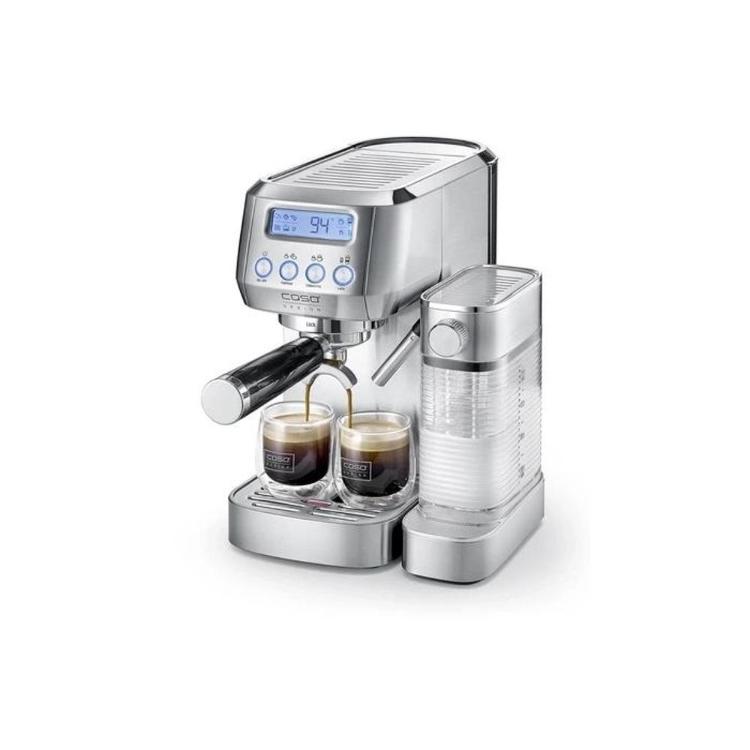 Espresso kavni aparat CASO Design z vgrajenim penilnikom mleka, digitalnim zaslonom in elegantnim ohišjem iz nerjavečega jekla omogoča pripravo popolnega espressa, cappuccina in latte napitkov.
