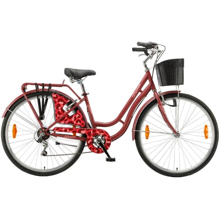 Rdeče mestno kolo Polar Grazia 28”, nizek okvir, 6 prestav, košara spredaj, prtljažnik in zaščita verige.