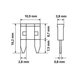 Tehnična risba mikro nožaste varovalke z merami 10,9 × 16,2 mm in širino priključkov 2,8 mm.