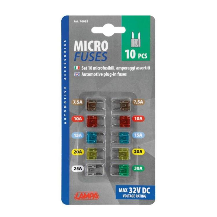 Komplet 10 mikro avtomobilskih varovalk Lampa, od 7,5 A do 30 A, za napetosti do 32 V DC.