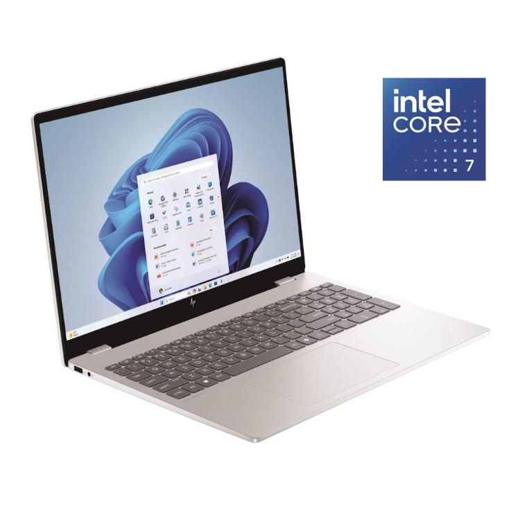 HP OmniBook 7 16 z Intel Core 7 procesorjem, prikazan pod kotom z odprtim zaslonom Windows 11, velikim 16-palčnim zaslonom in elegantnim srebrnim ohišjem.