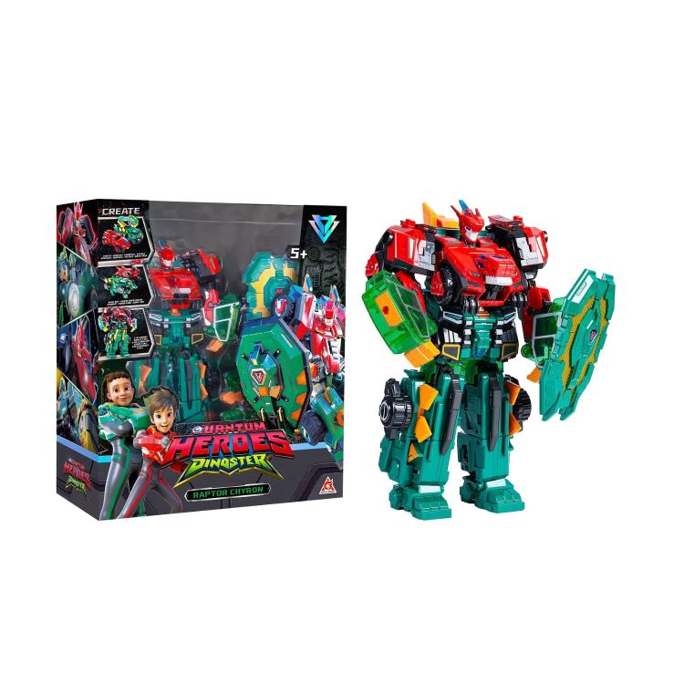Copilot said: Transformirajoči robot Raptor Chyron Quantum Heroes Dinoster s ščitom, v embalaži, primeren za otroke 5+.