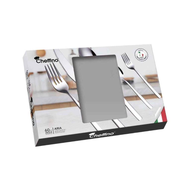 Embalaža Cheffino jedilnega pribora Aria, 60-delni komplet iz nerjavečega jekla.