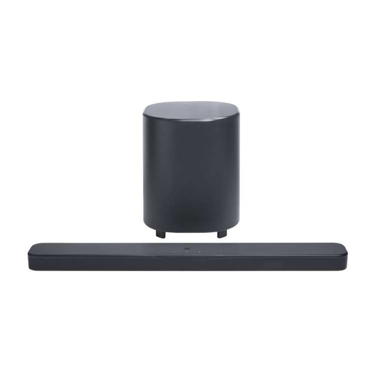 Soundbar JBL 500 M2 z brezžičnim nizkotoncem, sprednji pogled na komplet domačega kina.