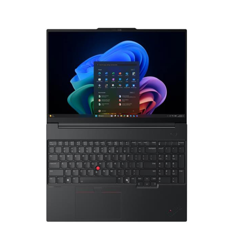 Lenovo ThinkPad E16 G4 Ult7 32/1 WUXGA, W11P, sprednji pogled na odprt prenosnik z Windows 11 Pro.