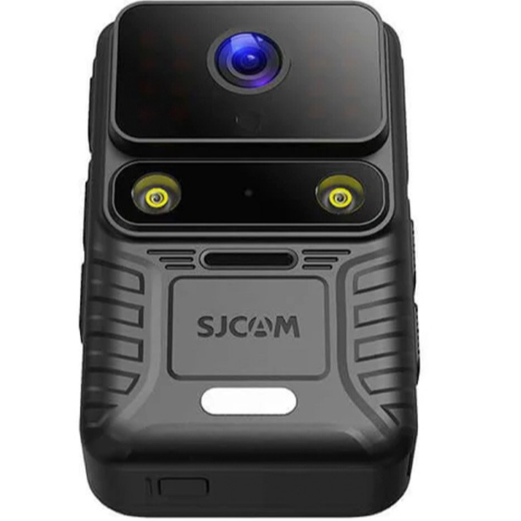 SJCAM akcijska kamera v črni barvi, prikazana s sprednje strani z objektivom, dvema LED-lučkama za osvetlitev in robustnim zaščitnim ohišjem.