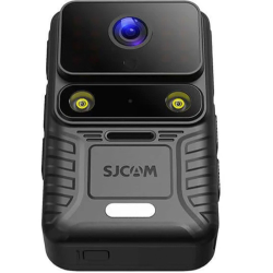 SJCAM akcijska kamera v črni barvi, prikazana s sprednje strani z objektivom, dvema LED-lučkama za osvetlitev in robustnim zaščitnim ohišjem.
