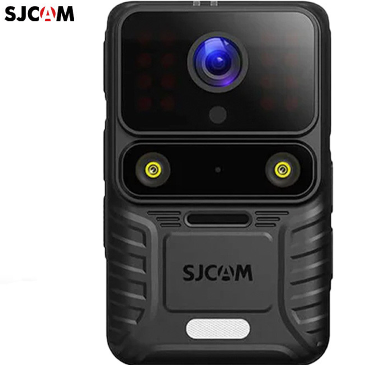 SJCAM akcijska kamera v črni barvi, prikazana s sprednje strani z objektivom, LED-lučkama in robustnim ohišjem za aktivno uporabo.