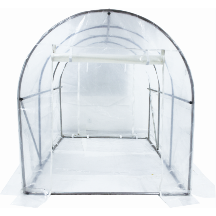 Mini rastlinjak s kovinskim ogrodjem in prozorno plastično prevleko, spredaj odprt vhod z zavihano folijo.