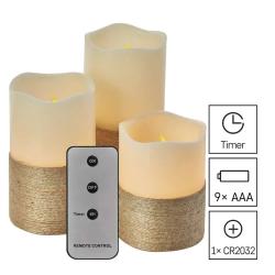 LED dekoracija 3x voščena svečka z vrvico, 3x AAA, notranja, vintage