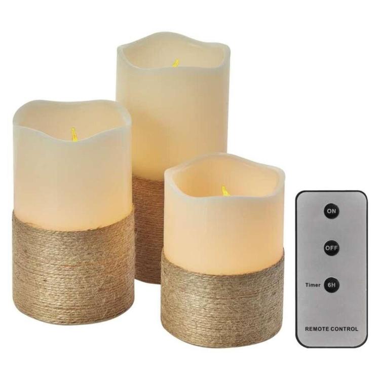 LED dekoracija 3x voščena svečka z vrvico, 3x AAA, notranja, vintage