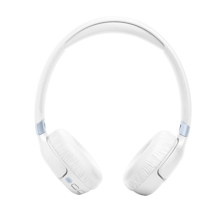 Bela JBL naglavna slušalka od zgoraj, mehke blazinice in čist minimalističen dizajn.