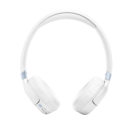 Bela JBL naglavna slušalka od zgoraj, mehke blazinice in čist minimalističen dizajn.