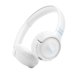  Bele JBL slušalke v poševnem pogledu, vidni gumbi in stranski logo.