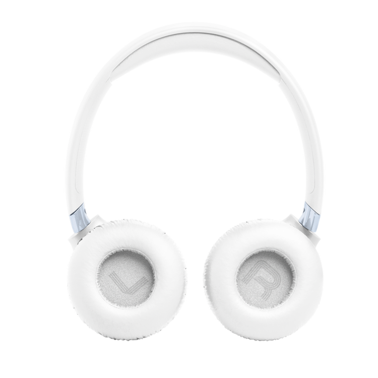 Bela JBL slušalka od znotraj, mehke blazinice z označenima L in R.