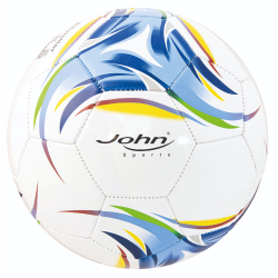 Bela nogometna žoga z modrimi, rumenimi in zelenimi vzorci, blagovna znamka John Sports.