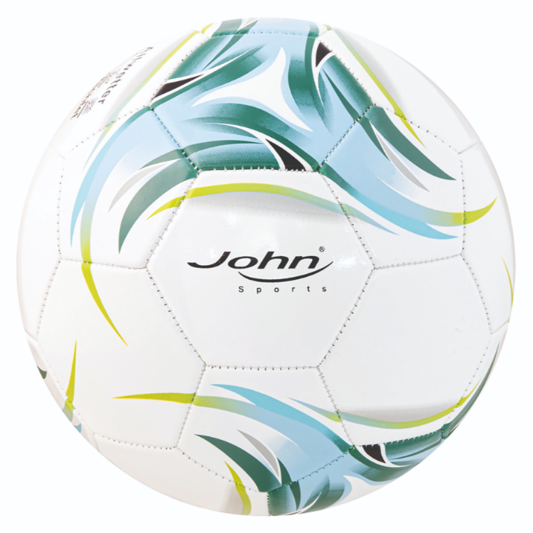 Bela nogometna žoga z zeleno-modrimi linijami in detajli, blagovna znamka John Sports.