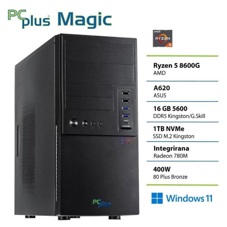 Namizni računalnik PC Plus Magic v črnem ohišju, opremljen s procesorjem AMD Ryzen 5 8600G, integrirano grafiko Radeon 780M, 16 GB DDR5 pomnilnika, 1 TB NVMe SSD in operacijskim sistemom Windows 11.
