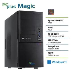 Namizni računalnik PC Plus Magic v črnem ohišju, opremljen s procesorjem AMD Ryzen 5 8600G, integrirano grafiko Radeon 780M, 16 GB DDR5 pomnilnika, 1 TB NVMe SSD in operacijskim sistemom Windows 11.
