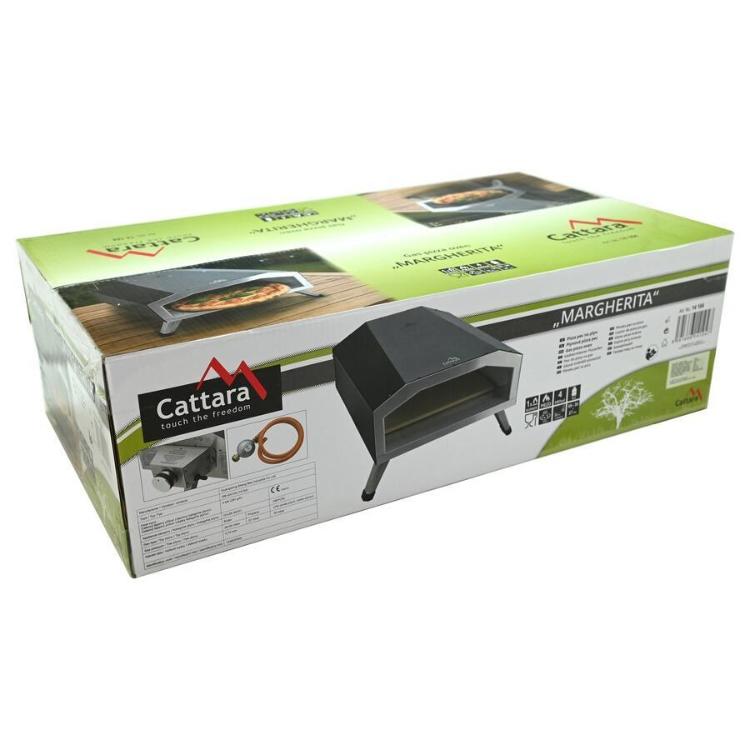 Transportna škatla pečice Cattara z grafikami in podatki o izdelku.