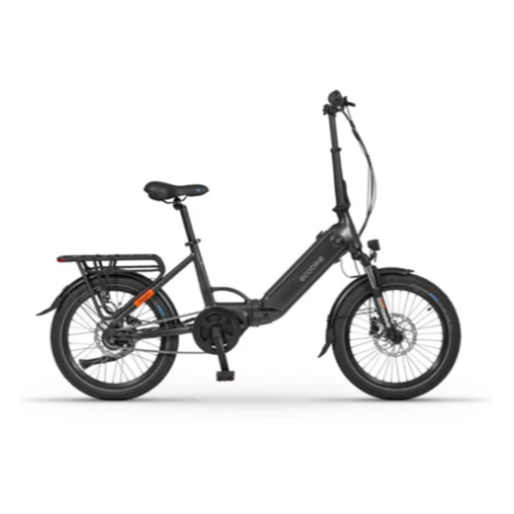 Ecobike Električno zložljivo kolo: stranski pogled e‑kolesa z baterijo v okvirju, stojalom in zadnjim nosilcem.