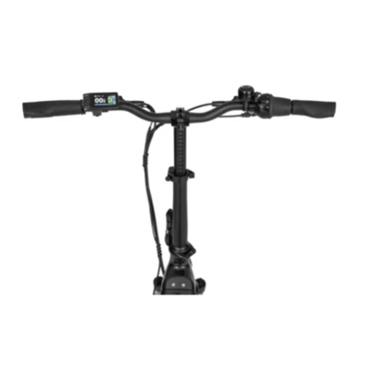 Ecobike električno kolo: krmilo z LCD zaslonom, zvoncem, ročicami in nastavljivim steblom v črni barvi.