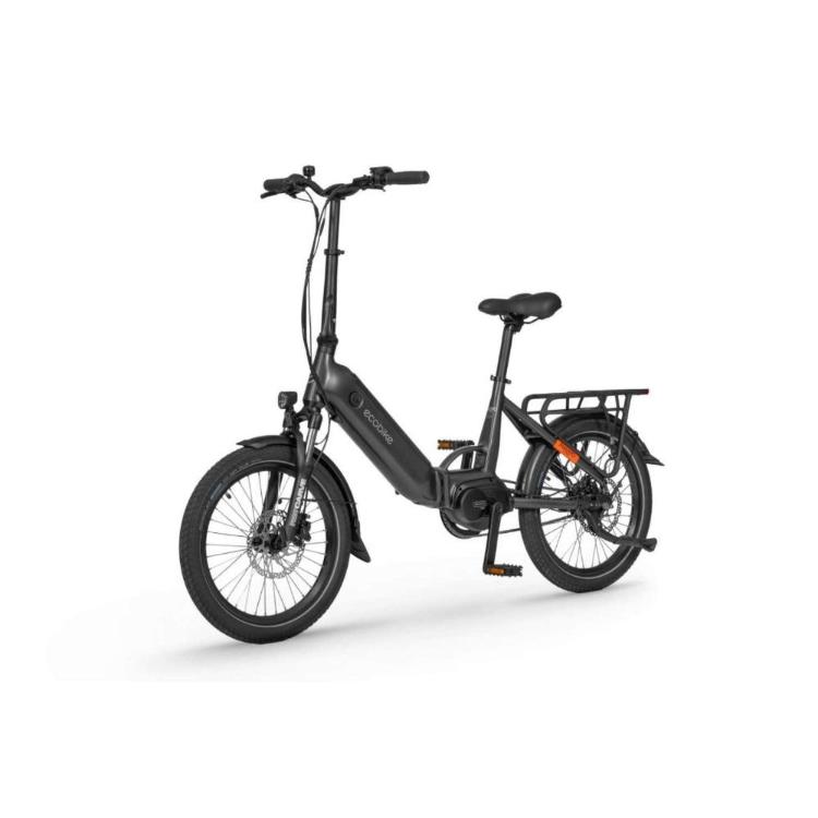 Ecobike Električno zložljivo kolo: črn e-bike z nizkim okvirjem, prtljažnikom, blatniki in disk zavorami.