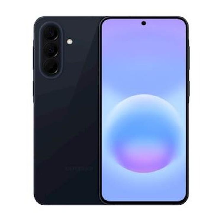 Sprednja in zadnja stran Samsung Galaxy v modri barvi, s trojno kamero in centrirano zaslonko.