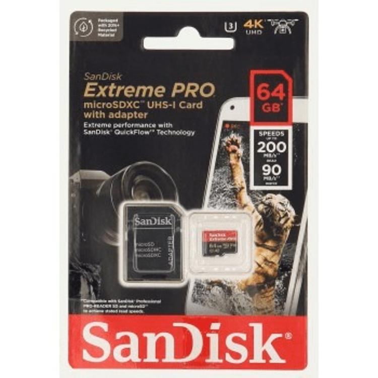 Spominska kartica SanDisk MicroSDXC 64GB Extreme Pro, 200 / 90MB / s, A2, C10, UHS-I, U3, V30
