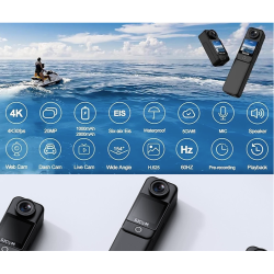 SJCAM akcijska kamera v beli barvi, prikazana z glavnimi funkcijami, vključno s 4K snemanjem, 20 MP fotografijami, vodoodpornostjo, 5G Wi‑Fi povezavo in 154° vidnim kotom.