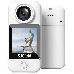 SJCAM akcijska kamera v beli barvi, prikazana s sprednje in zadnje strani z objektivom širokega kota, zaslonom za predogled posnetkov ter kompaktnim žepnim ohišjem.