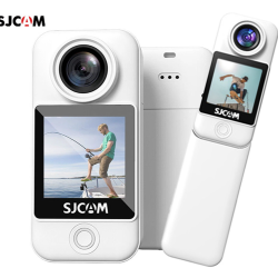 SJCAM akcijska kamera v beli barvi, prikazana s sprednje in zadnje strani z zaslonom za predogled posnetkov in kompaktnim žepnim ohišjem.