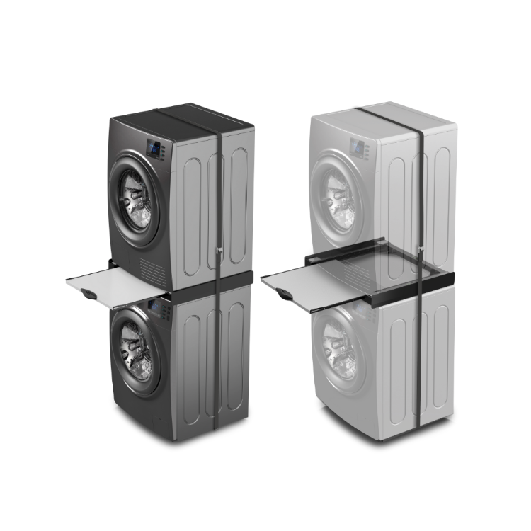 Vezni člen z izvlečno polico med zloženim pralnim in sušilnim strojem