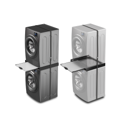 Vezni člen z izvlečno polico med zloženim pralnim in sušilnim strojem