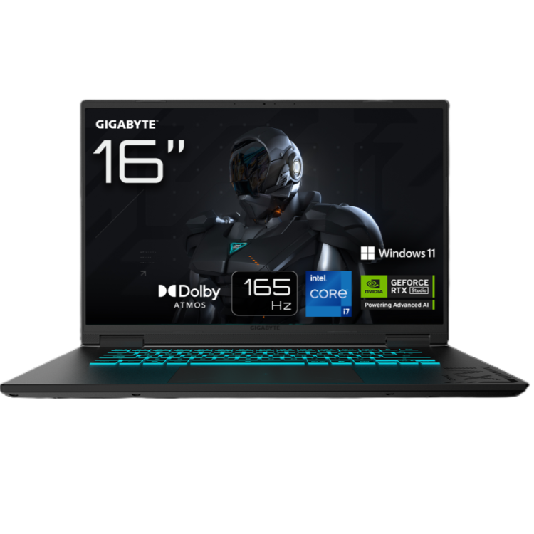 Sprednji pogled prenosnika GIGABYTE 16": 165 Hz zaslon, Windows 11, Intel Core i7, NVIDIA GeForce RTX.