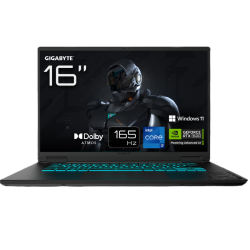Sprednji pogled prenosnika GIGABYTE 16": 165 Hz zaslon, Windows 11, Intel Core i7, NVIDIA GeForce RTX.