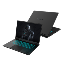 Odprt prenosnik GIGABYTE z osvetljeno tipkovnico, gaming grafika na zaslonu, mat črno ohišje.