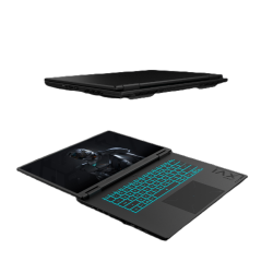 Zložen gaming prenosnik GIGABYTE, tanek črn dizajn, viden hladilni sistem in priključki ob strani.