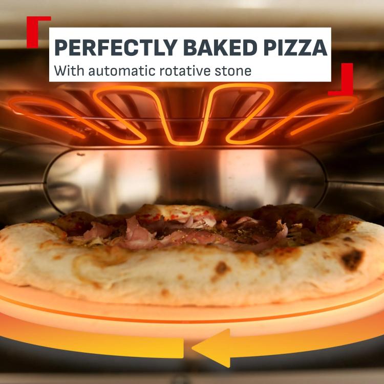 Notranjost Tefal pizza pečice z žarečimi grelci in pico na vrtljivem kamnu za enakomerno peko