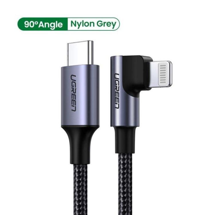 Prikaz USB-C na Lightning kabla z 90-stopinjskim Lightning priključkom za priročnejšo uporabo med polnjenjem.