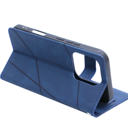Modra preklopna torbica za Honor 600 Lite z geometrijskim vzorcem, magnetnim zapiranjem, režami za kartice in funkcijo stojala nudi celovito zaščito in eleganten videz.