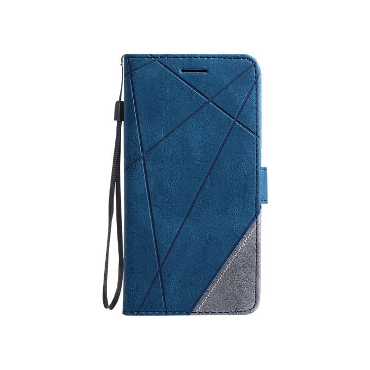 Modra preklopna torbica za Honor 600 Lite z geometrijskim vzorcem, magnetnim zapiranjem, režami za kartice in funkcijo stojala nudi celovito zaščito in eleganten videz.