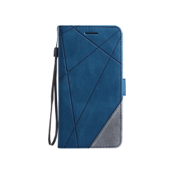 Modra preklopna torbica za Honor 600 Lite z geometrijskim vzorcem, magnetnim zapiranjem, režami za kartice in funkcijo stojala nudi celovito zaščito in eleganten videz.