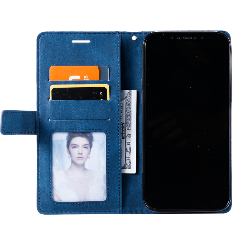Modra preklopna torbica za Honor 600 Lite z geometrijskim vzorcem, magnetnim zapiranjem, režami za kartice in funkcijo stojala nudi celovito zaščito in eleganten videz.